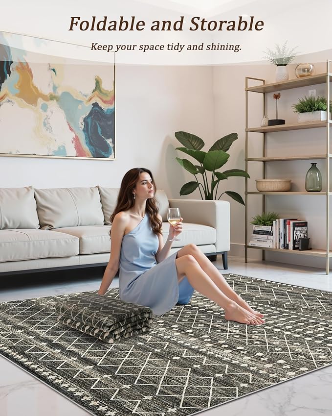 3x5 Washable Rug Moroccan Small Entryway Rug Non Slip Indoor Floor Carpet Foldable Thin Rugs for Kitchen Bedroom with Low Pile(Black,3'x5')