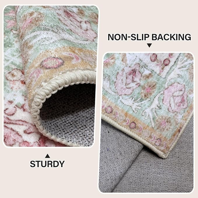 Vhong Washable Area Rugs Boho Vintage Modern Neutral Large Carpet Green and Pink High Traffic Rugs 8×10 for Dinning Room Living Room Bedroom Farmhouse Non Slip