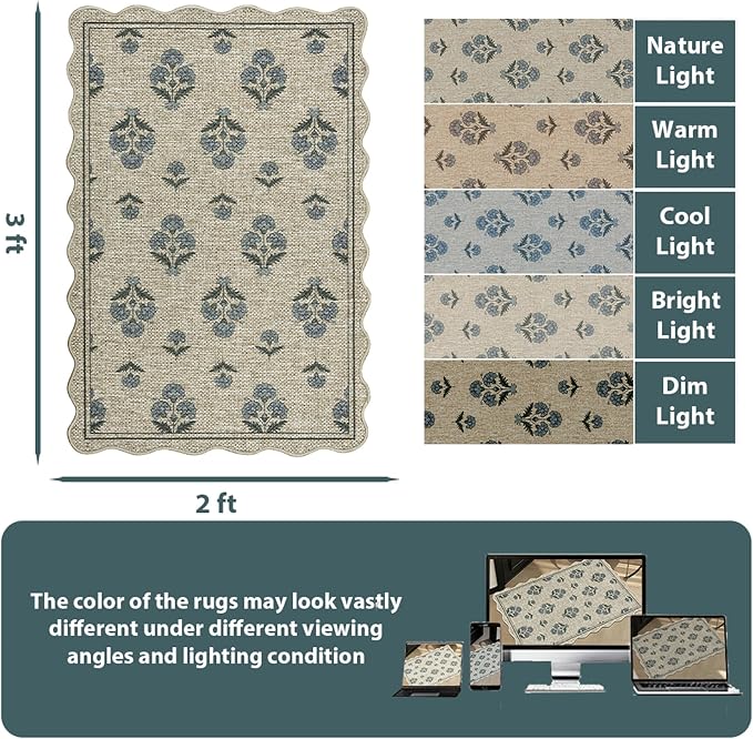 ORTIGIA Scalloped Easy Jute 2x3 Area Rug Vintage Blue Block Floral Farmhouse Washable Rug Non-Slip Indoor Outdoor Carpet for Living Room Bedroom Kitchen Patio Entryway