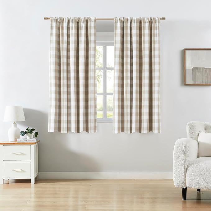Beige White Buffalo Plaid Blackout Curtains 63 Inches Long | Farmhouse Thermal Insulated Double-Layer Drapes,Rustic Window Treatment Bedroom Living Room,Rod Pocket Back Tabs,52"Wx63"Lx2
