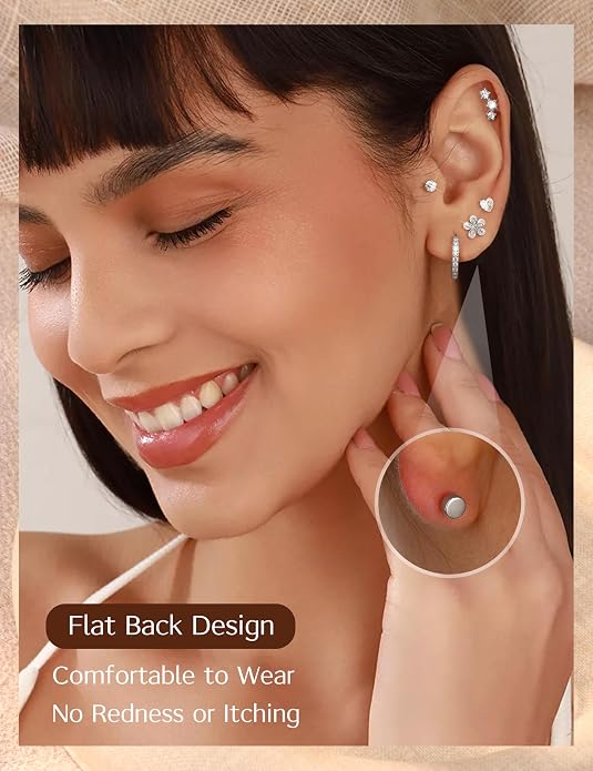 LOLIAS Flat Back Earrings for Women Girls - Hypoallergenic Surgical Stainless Steel Earrings for Sensitive Ears 14K Gold Plated Heart Flower Stud Earring Set Small Huggie Hoop Cartilage Earring Stacks