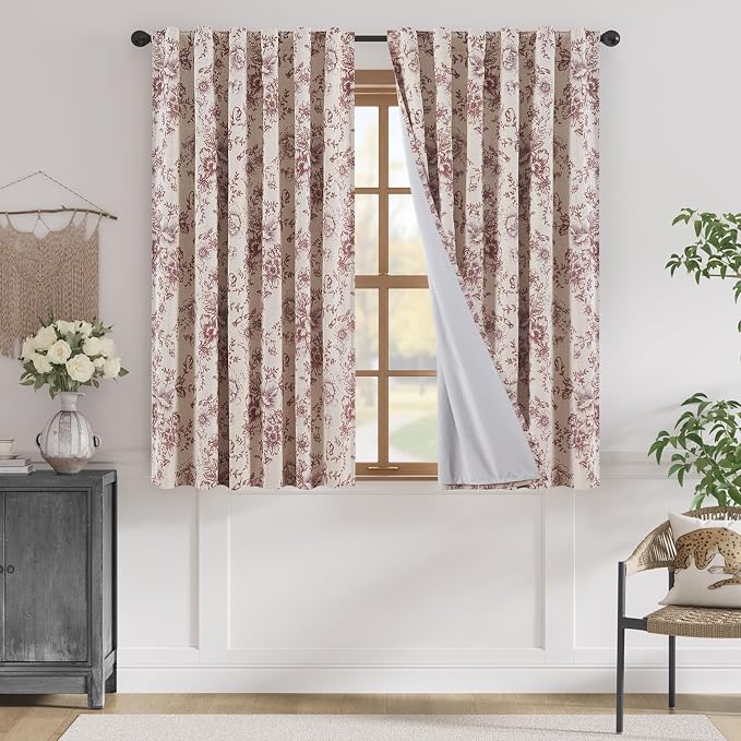 jinchan Red Floral Linen Blackout Curtains Lined 63 Inch Back Tab 2 Panels | Blackout lining, room darkening drapes, farmhouse, vintage, cottagecore, rustic, bedroom, living room, window treatment