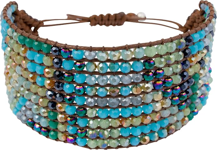 Joob Joob Handmade Boho Bracelets For Women - Colorful Crystal Beaded Bracelets - Easy Adjustable Leather Cuff Bracelet with Slider Opening