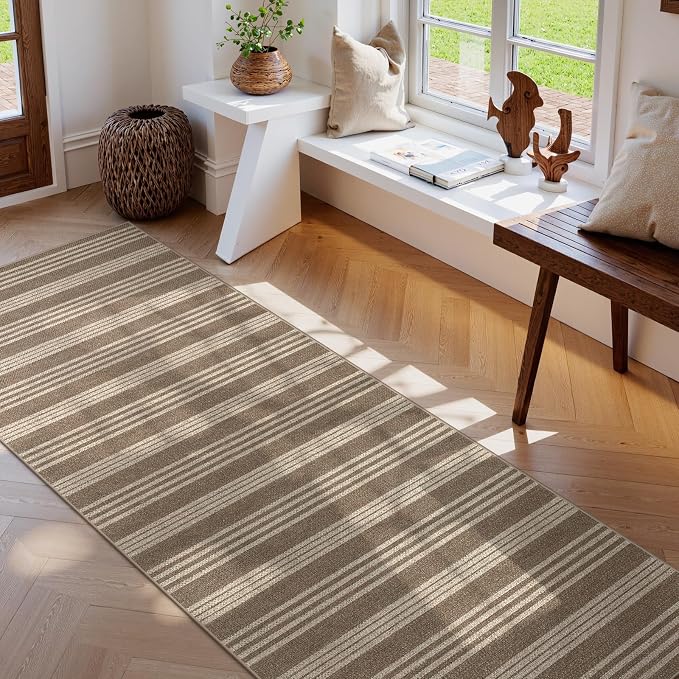 Lahome Striped Easy Jute Kitchen Runner Rug, 2x8 Washable Outdoor Rugs | Non Slip Indoor Entryway Runners, Modern Farmhouse Neutral Non Shedding Carpet for Hallway Porch Foyer Laundry Room, Khaki