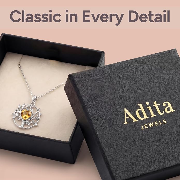 ADITA GOLD Tree of Life Necklace for Women, 925 Sterling Silver Birthstone Pendant, Simulated Gemstone, Jewelry