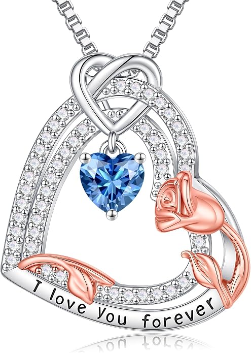 Gifts for Mom 925 Sterling Silver Birthstone Necklace for Women, Heart & Rose Design Birthday Gifts for Mom Wife Her