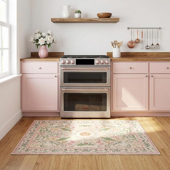 2'x3' Boho Small Area Rug, Washable Non-Slip Silicone Backing Door Mat, 0.26" Low Pile Faux Wool Foldable Rug for Entryway Bathroom Kitchen Indoor Decor, Garden Pink