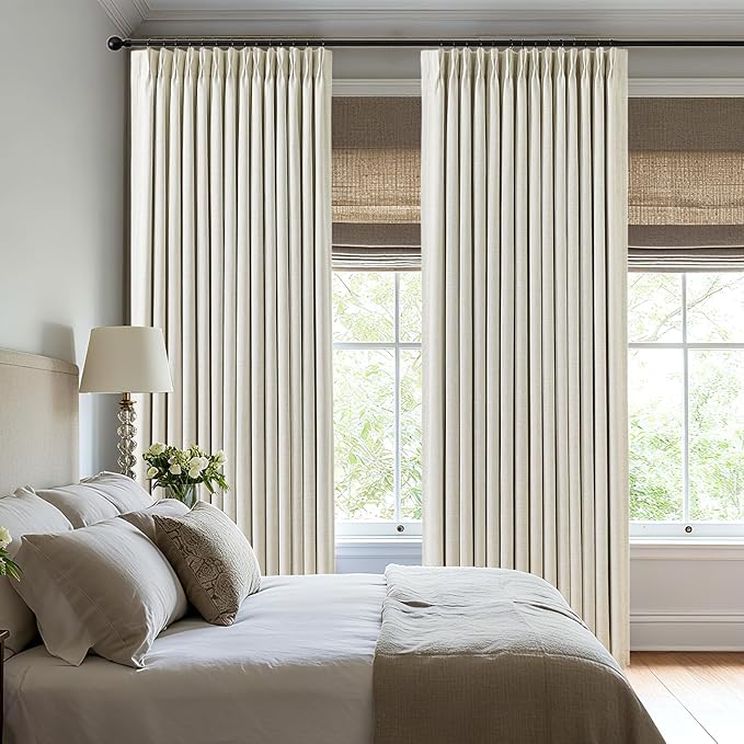 Pinch Pleated Curtains 100% Blackout Linen Curtains 108 Inches Long for Bedroom Living Room, Natural Memory Trained Thermal Insulated Room Darkening Window Pleat Drapes with Hooks 1 Panel 60"Wx108"L