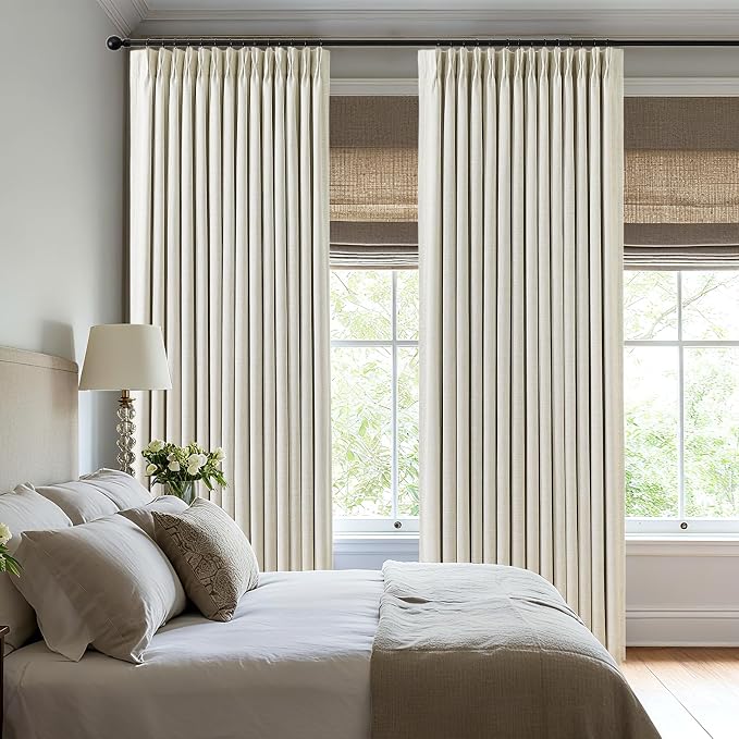 Pinch Pleated Curtains 100% Blackout Linen Curtains 95 Inches Long for Bedroom Living Room, Natural Memory Trained Thermal Insulated Room Darkening Window Pleat Drapes with Hooks, 1 Panel, 60"Wx95"L