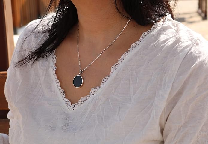 Sterling Silver 925 Black Onyx Flat Round Handmade Pendant Necklace for Women & Men - Unisex