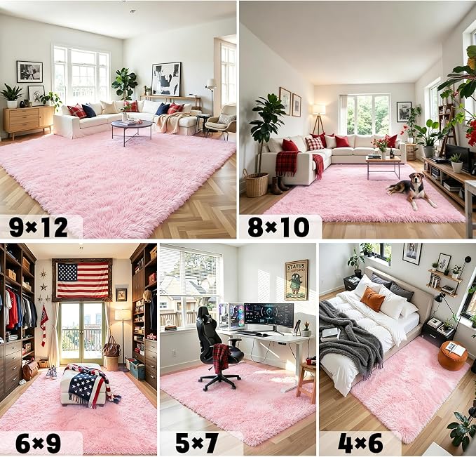 Area Rugs 10x14 Living Room, Shaggy Carpet Soft Plush Furry Bedside Rug Large Area Rugs for Bedroom Home Decor Anti Slip(10 x 14, Pink)