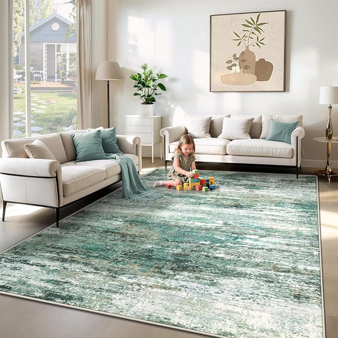 XLUEZ 6x9 Area Rugs for Living Room, Washable Modern Abstract Large Area Rug Neutral Soft Non Slip Kids Rug Stain Resistant Indoor Carpet for Bedroom Nursery Dining Room Playroom(Green, 6'x9')