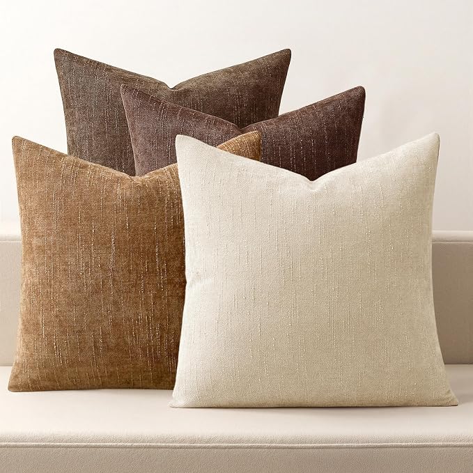 MIULEE Pack of 4 Fall Decorative Throw Pillow Covers 20x20 Inch Chenille Textured Throw Pillows Boho Farmhouse Rustic Cushion Covers Vintage Home Decor for Couch Sofa Bed Living Room，Dark Brown