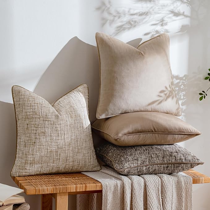 a moment Neutral Khaki Brown 4 Pack Throw Pillow Covers - Chenille & Velvet Set with Piping, Farmhouse Textured Design Pillow Cases for Couch Sofa Bed Livingroom (18x18 Inch, No Insert)