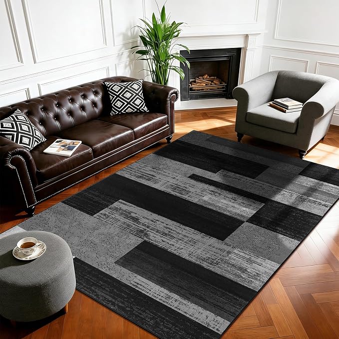 LIANLAM 3x5 Washable Area Rugs for Living Room and Bedroom(3x5,Black&Gray) | Non-Slip Small Carpet,Vintage Checkered Pattern, Stain Resistant Faux Wool Low Pile Soft Rug for Dining Room,Office,Nursery
