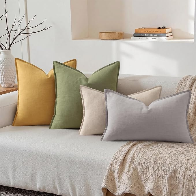 decorUhome Fall Beige Linen Throw Pillow Covers 12x20 Set of 2 | Decorative Soft Cozy Modern Farmhouse Boho Accent Pillow Cases with Flange Edges for Couch Bed Sofa Living Room Home Decor