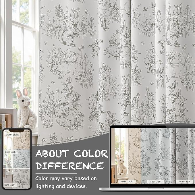 jinchan Grey Blackout Curtains 63 Inch Whimsical Back Tab 2 Panels | Room darkening,nursery kids bedroom,privacy,whimsical,cottagecore,bunny pattern,botanical,nature-inspired decor