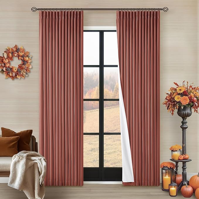 TWODRAPES Terracotta Pinch Pleated 100% Blackout Linen 84 Inch Curtains | Room Darkening with Liner, Memory Shape Pleat Back Tab, Thermal Insulated, for Living Dining Room Window, W40xL84 2 Panels