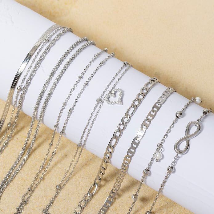 Amberta Silver Gold Waterproof Ankle Bracelets for Women | Boho Layered Anklets for Women | Summer Jewelry, Adjustable Ankle Chain Beaded Rope Heart