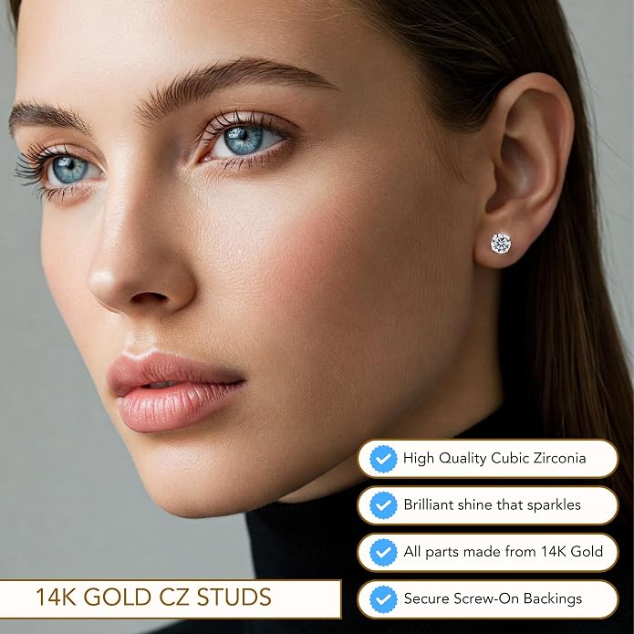 14k White Gold Solitaire Round Cubic Zirconia CZ Stud Earrings in Secure Screw-backs