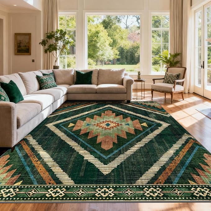 Boho Washable Area Rugs 6x9ft, Large Living Room Area Rug Non Slip, Green Moroccan Bedroom Carpets, Non Shedding Thin Soft Floor Carpet for Dining Room Nursery Home Office