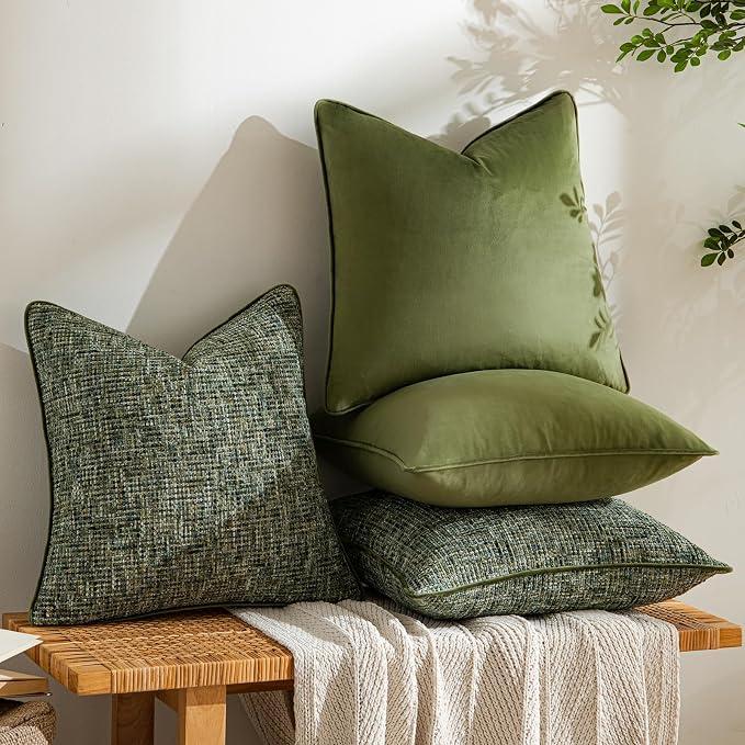 a moment Dark Green 4 Pack Throw Pillow Covers - Chenille & Velvet Set with Piping, Farmhouse Textured Design Pillow Cases for Couch Sofa Bed Livingroom (16x16 Inch, No Insert)