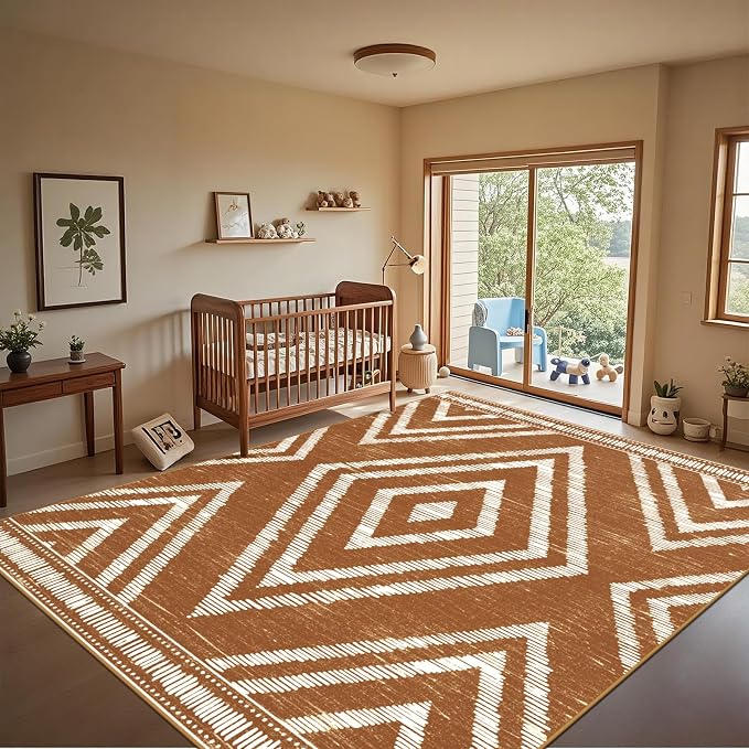Boho Washable Area Rugs 9x12ft for Living Room, Large Soft Bedroom Rug Non Slip, Low Pile Brown Moroccan Floor Carpets for Dining Room Nursery Playroom Home Office