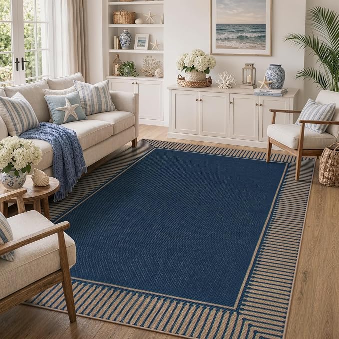 Moynesa 5x7 Rug for Living Room, Blue Striped Border Easy Jute Washable Indoor Outdoor Patio Area Rugs, Farmhouse Neutral Non Slip Carpet for Bedroom Dining Room Backyard