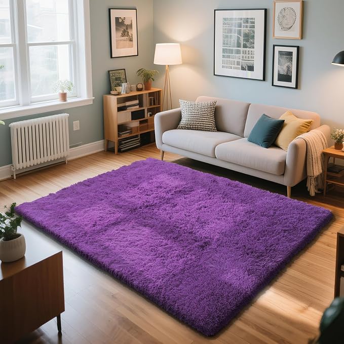 Purple Fluffy Rug Shag Area Rug, 4x6 Area Rugs for Girls Bedroom, Soft Play Mat, Indoor Floor Carpet for Teen, Preppy Dorm, Plush Aesthetic Bedside Rug