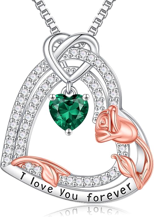 Gifts for Mom 925 Sterling Silver Birthstone Necklace for Women, Heart & Rose Design Birthday Gifts for Mom Wife Her