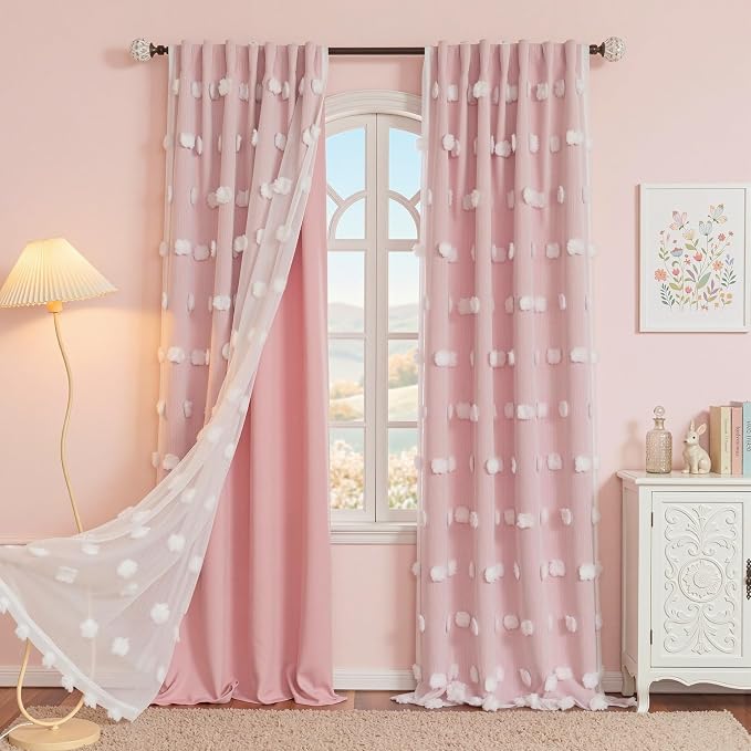 MYSKY HOME Pink Curtains for Girls Bedroom Nursery Curtain Double Layer White Pom Pom Sheer Window Panels for Kids Room Back Tab Room Darkening Window Drapes 72 Inches Length, W52 X L72, 2 Pieces