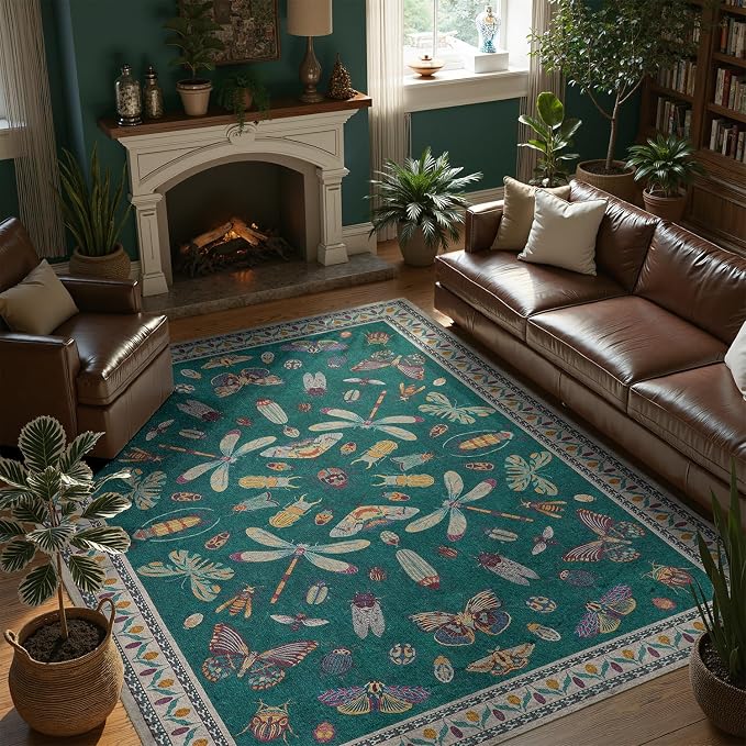 DCX 6x9 Washable Insect Rug, Vintage Gothic Deep Teal Rug with Non-Slip Rubber Backing, Soft Low-Pile, Stain-Resistant, Kid & Pet Friendly, for Living Room, Bedroom, Office, and Nature-Themed Decor