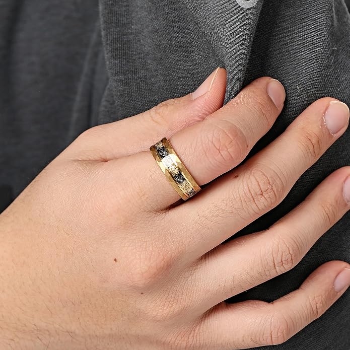 Mens Tungsten Carbide Wedding Bands 8mm Black Hammered Edge Gold Foil Inly Durable Scratch Proof Stainless Steel Cool Promise Ring for Him Comfort Fit