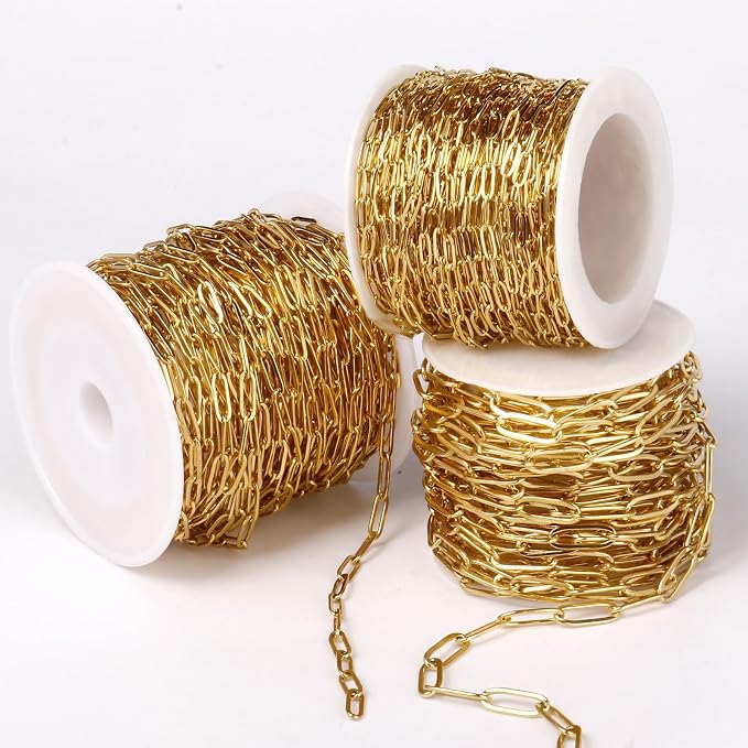 [33 Ft] Stainless Steel Paperclip Chains Roll, 2.5mm Width 18K Gold PVD Plated Stainless Steel Oval Link Chains Spool Bulk for Jewelry Making