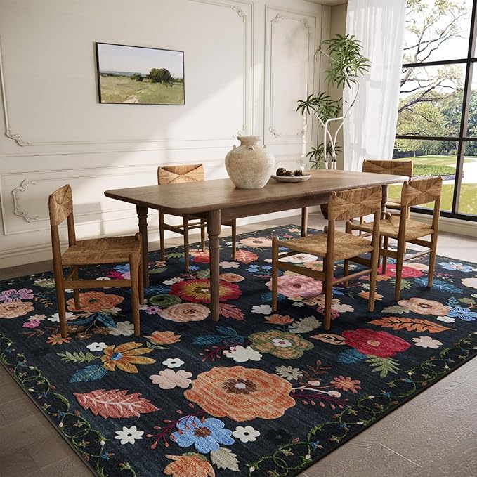 6x9 Area Rugs for Living Room: Washable Bedroom Rug Non Slip Low Pile Soft Faux Wool Non Shedding Vintage Floral Large Carpet for Dining Room Under Table Nursery Entryway Home Office Farmhouse Indoor