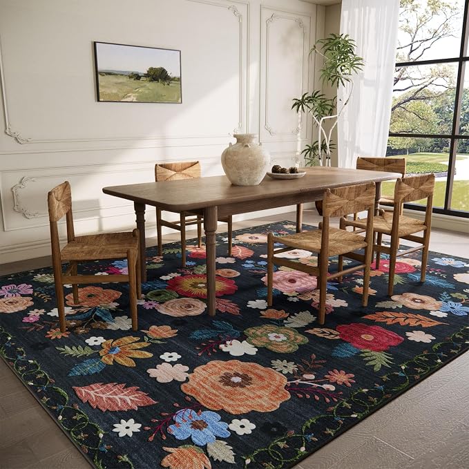 5x7 Area Rugs for Living Room: Machine Washable Rug for Bedroom Non Slip Low Pile Soft Faux Wool Non Shedding Distressed Vintage Floral Carpet for Dining Room Kitchen Nursery Farmhouse Entryway Indoor