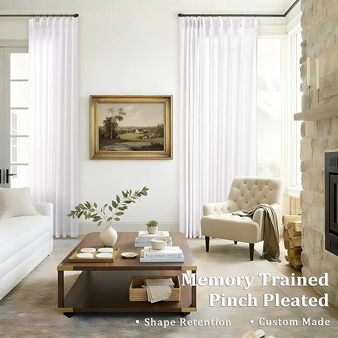 White Pleated Linen Curtains 108 Inches Long Extra Long Semi Sheer | Light Filtering, Ceiling to Floor, Pleated Drapes 108 Inch Length, Back Tab Curtain, for Living Room Bedroom, 1 Panel