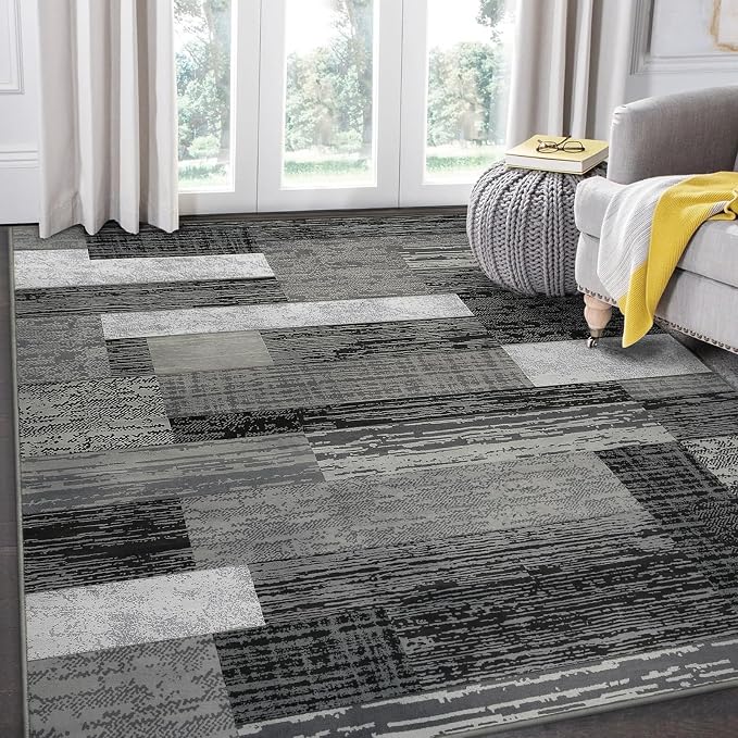 FlyDOIT Modern Geometric Patchwork Area Rug, 5x8 Grey Large Rugs for Living Room, Rockwood Collection Indoor Rugs for Bedroom, Throw Carpet Floor Decor for Entryway Dining Room Office Nursery
