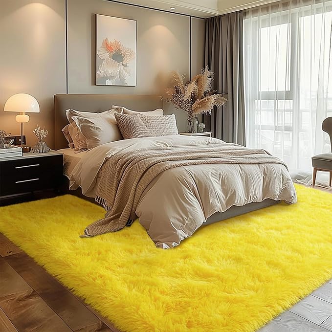 Dssimo Yellow Rug for Bedroom Living Room, 5x7 Soft Shaggy Area Rugs | Large Plush Fluffy Upgrade Non-Slip Yellow Area Rug for Nursery Kids Room Dorm Room Home Decor, Indoor Plush Floor Carpet