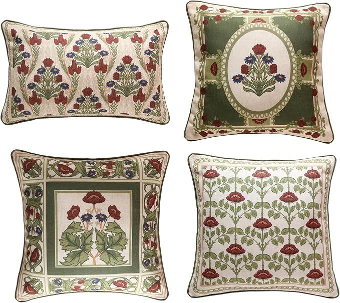 ISAENNE Designer Elegant Linen Throw Pillow Cover,Set of 4-Estonia ABCD | French Cottage Pillow Cover,Concealed Zipper,Floral Pattern,Sofas,Bedroom,Living Room,Lounge Chairs,All Season Home Decor