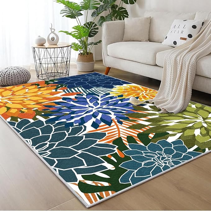 ZonLi Colorful Outdoor Rug 9x12Ft Waterproof Multicolored Indoor Area Rug Washable Outdoor Patio Rugs Tropical Floral Non Slip Outdoor Carpet for Living Room, Pool,Backyard,Deck,Camping