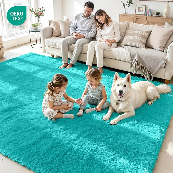 6x9 Area Rug for Living Room, Ultra Soft Fluffy Turquoise Rugs for Bedroom, Non Slip Large Shag Carpet, Fuzzy Plush Nursery Rug, Thick Washable Indoor Floor Carpets for Kids Office Dorm Home Decor