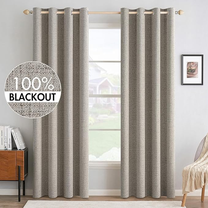 MIULEE Linen Curtains for Bedroom Solid 100% Blackout Thermal Insulated Greige Curtains Grommet Room Darkening Drapes for Living Room 52x84 Inch (2 Panels)