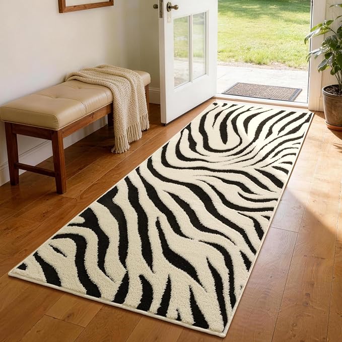 YIHOUSE Zebra Hallway Runner Rugs 2×6: Modern Washable Non Slip Kitchen Rug | Black and Cream White Stripe, Textured High Low Pile, Fluffy Soft, Carpet Runner for Entryway, Bedroom, Bathroom, Home Decor