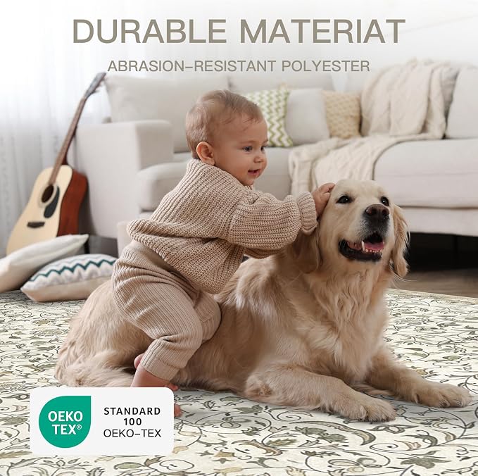 6×9 Washable Large Area Rugs for Living Room, Floral Soft Rug Non Slip Stain Resistant Carpet for Bedroom Dining Room Kitchen Farmhouse Home Decor，Beige Multi 061