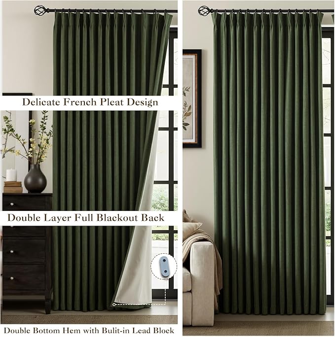 IVAPUPU Linen Pinch Pleated Blackout Curtains for Bedroom - Full Black Out Green Curtains 95 Inch Long 2 Panel for Living Room Darkening Thermal Window Curtain Drapes for Christmas Decor