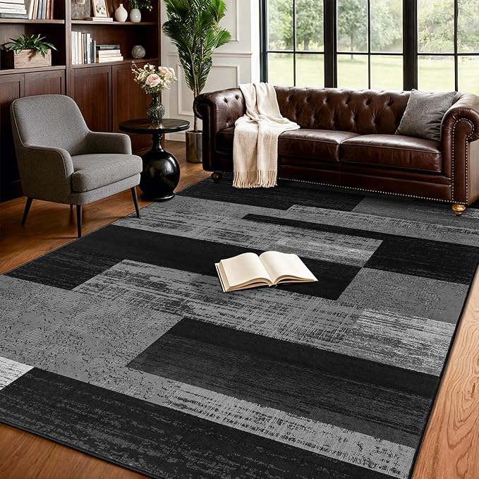 LIANLAM 6x9 Washable Area Rugs for Living Room and Bedroom(6x9,Black&Gray) | Non-Slip Large Carpet,Vintage Checkered Pattern, Stain Resistant Faux Wool Low Pile Soft Rug for Dining Room,Office,Nursery