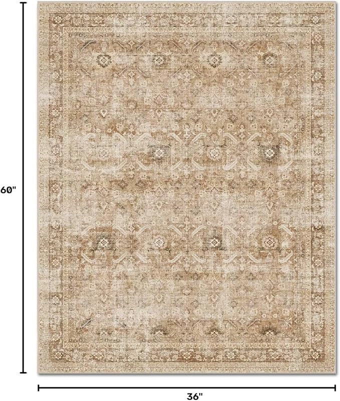 Washable 3x5 Entryway Rug, Boho Vintage Non-Slip Door Mat Brown | 0.3" Neutral Throw Small Rugs for Bedroom Kitchen Nursery Entrance, Cushioned for High-traffic Area