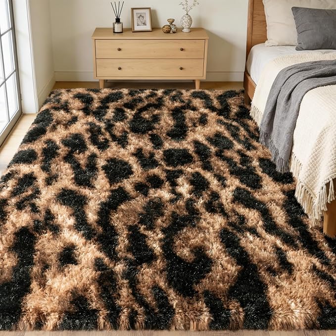 Large Area Rugs for Living Room Bedroom 4x6 Leopard Fluffy Shag Rugs | Ultra Soft Cheetah Shaggy Plush Fuzzy Modern Indoor Throw Floor Carpet for Kids Girls Boys Dorm Nursery Home Decor Aesthetic