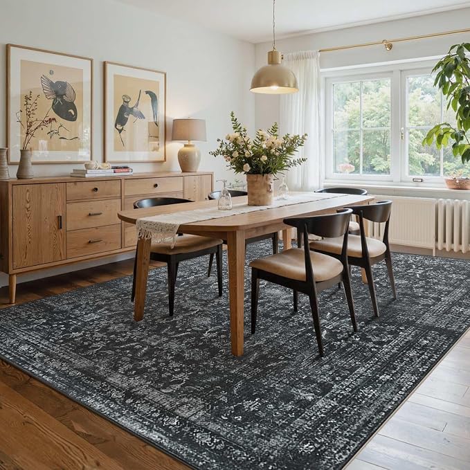 Rugxara Black Rug 6x9 Area Rugs Washable Rug for Living Room Dining Bedroom | Non Slip, Rug for Office Farmhouse Kids Room, Stain Resistant, Soft, Low Pile, Vintage Boho Floral Retro Carpet, Home Decor